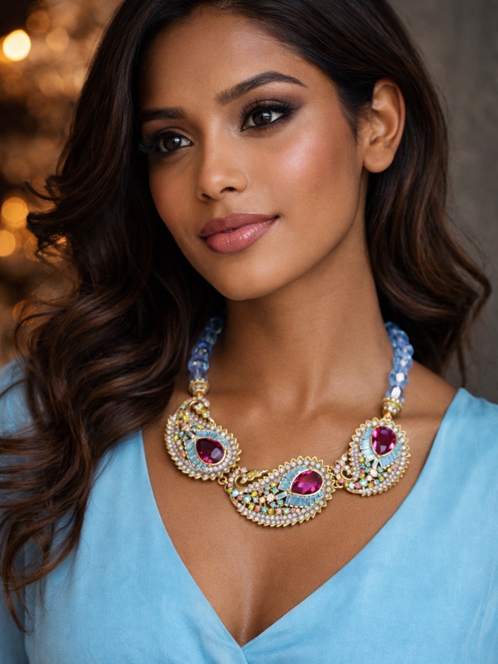 Heidi Daus Blue Crystal Statement Necklace Multicolor Rhinestones